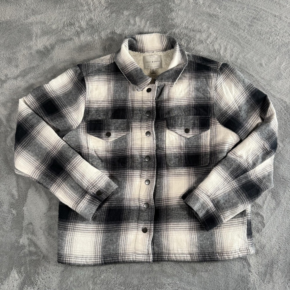 Lucky Brand Jacket Mens Size M Gray Plaid Sherpa Lined Flannel Puffer Snap Front